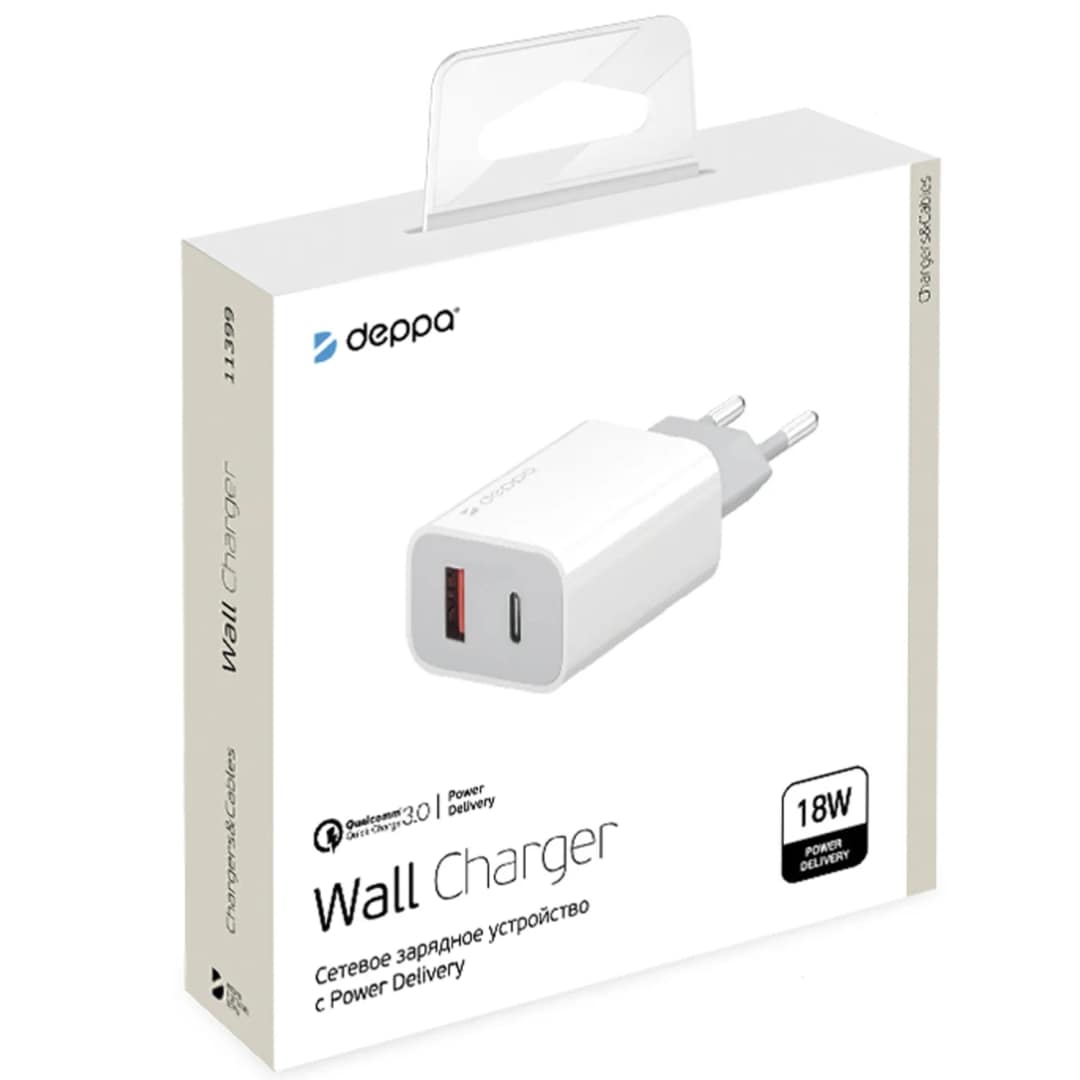 Сетевое зарядное устройство Deppa 18W USB-A USB-C 11399, White — фото 2