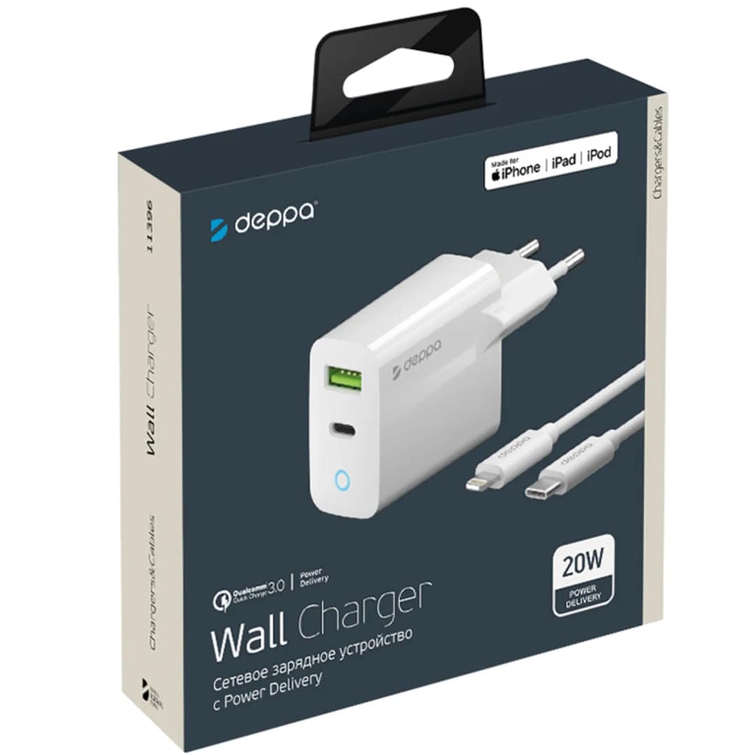 Сетевое зарядное устройство Deppa 20W USB-A USB-C 11396, White — фото 2