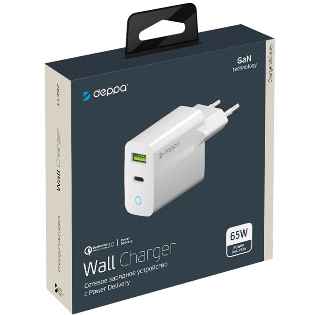 Сетевое зарядное устройство Deppa 65W USB-A USB-C 11397, White — фото 2