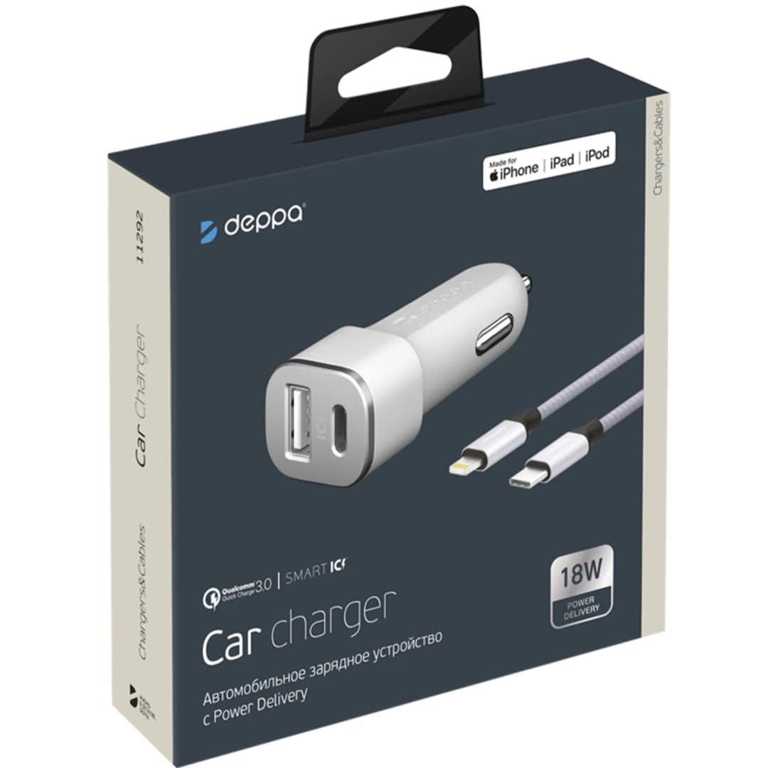 Автомобильное зарядное устройство Deppa 18W USB-A USB-C 11292, White — фото 2