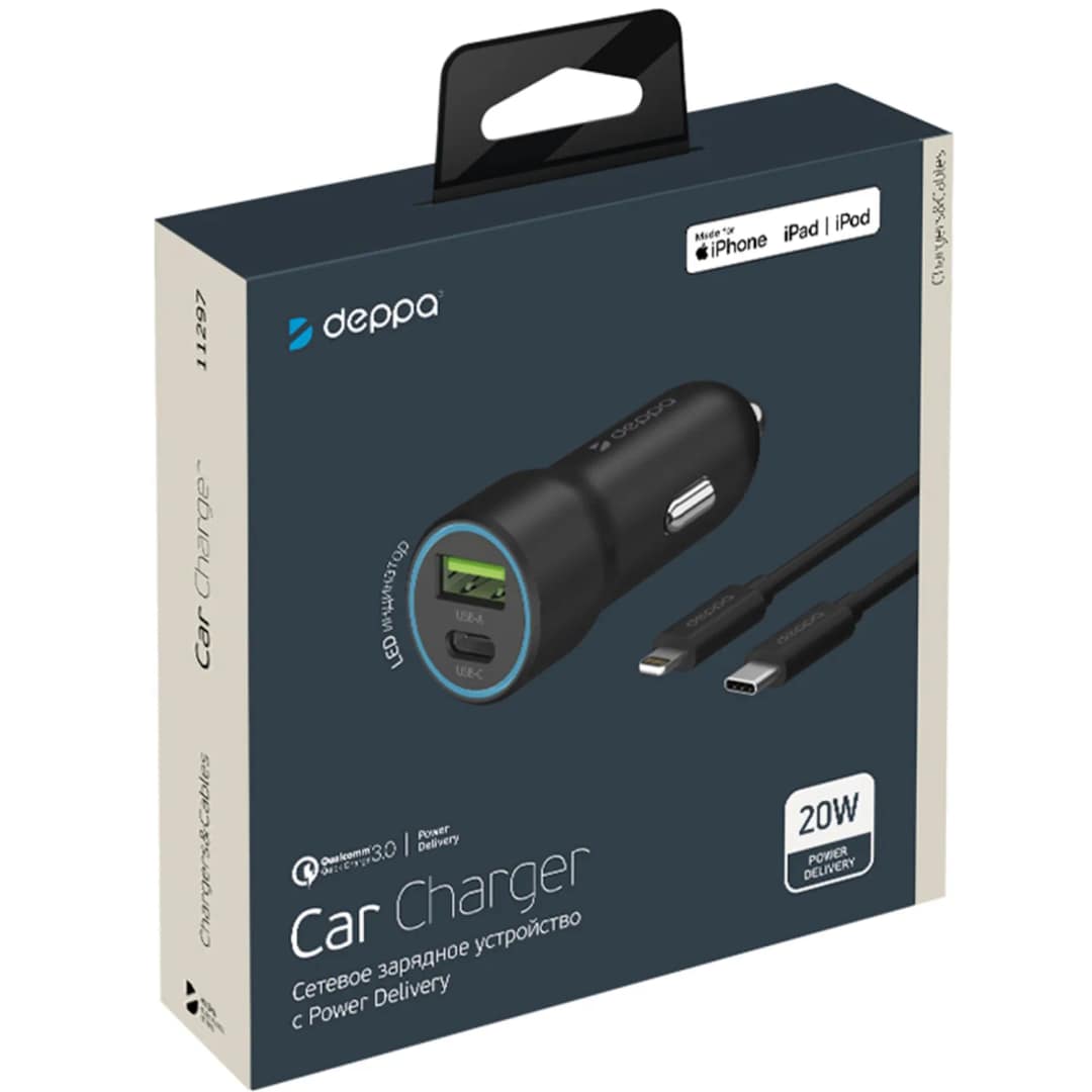 Автомобильное зарядное устройство Deppa 20W USB-A USB-C 11297, Black — фото 2
