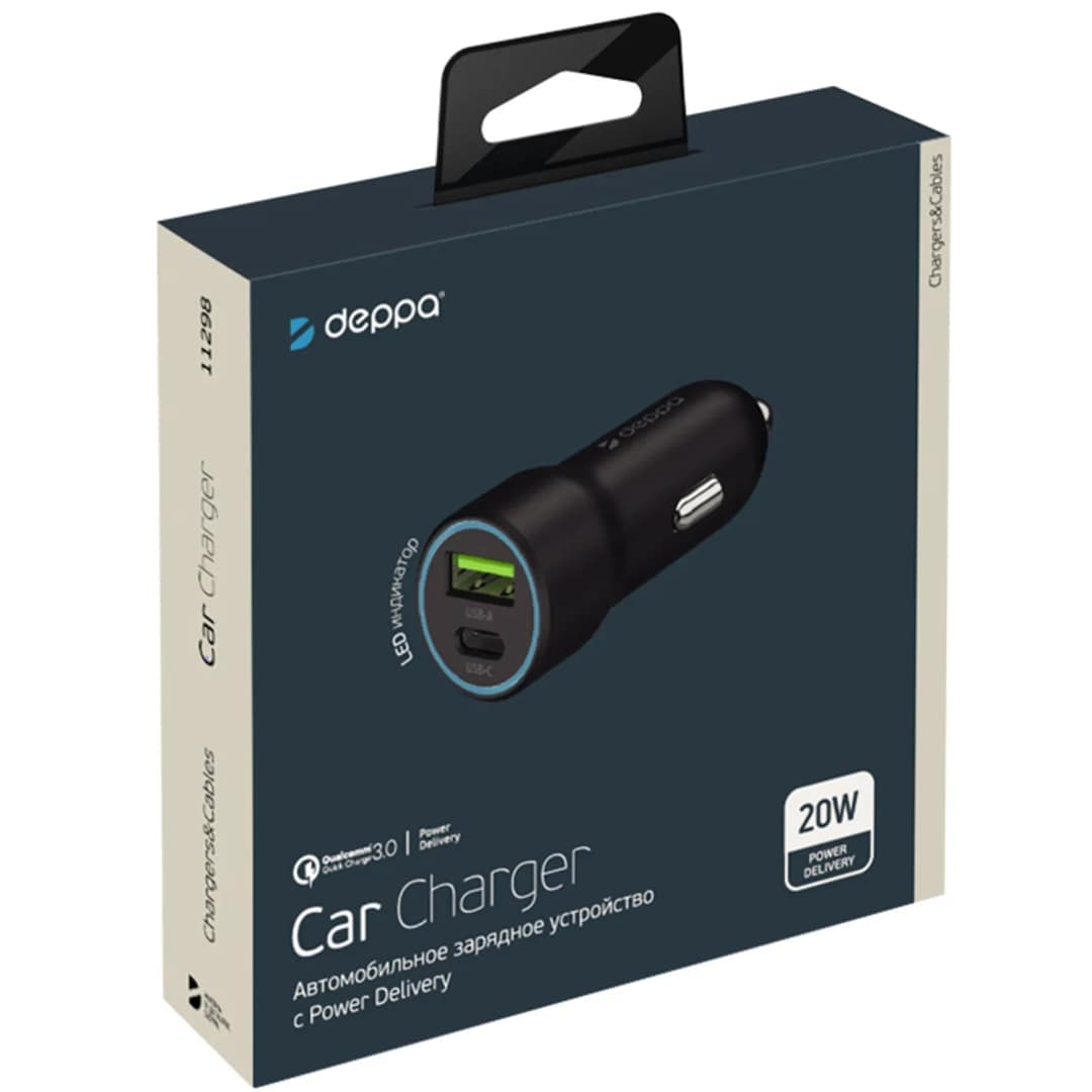 Автомобильное зарядное устройство Deppa 20W USB-A USB-C 11298, Black — фото 2