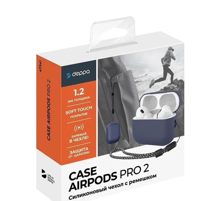Силиконовый чехол Deppa для AirPods PRO2 с ремешком, Blue — фото 3