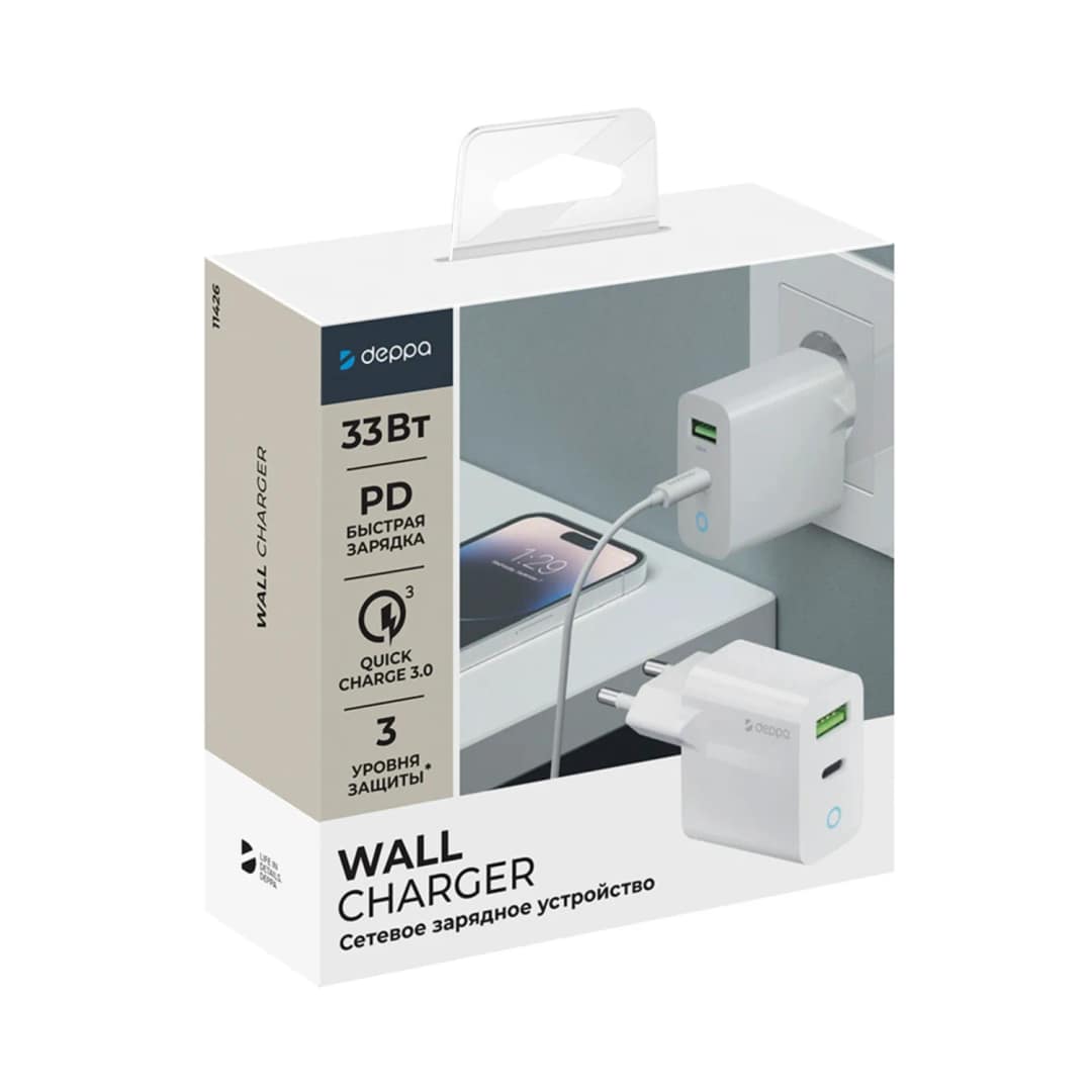 Сетевое зарядное устройство Deppa 33W USB-A USB-C 11426 White — фото 2
