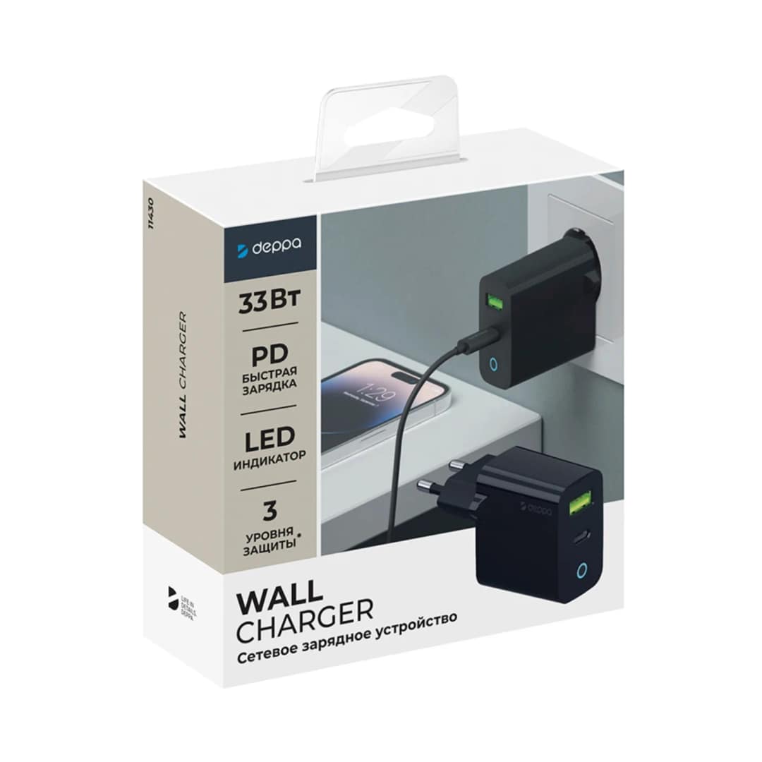 Сетевое зарядное устройство Deppa 33W USB-A USB-C 11430 Black — фото 2