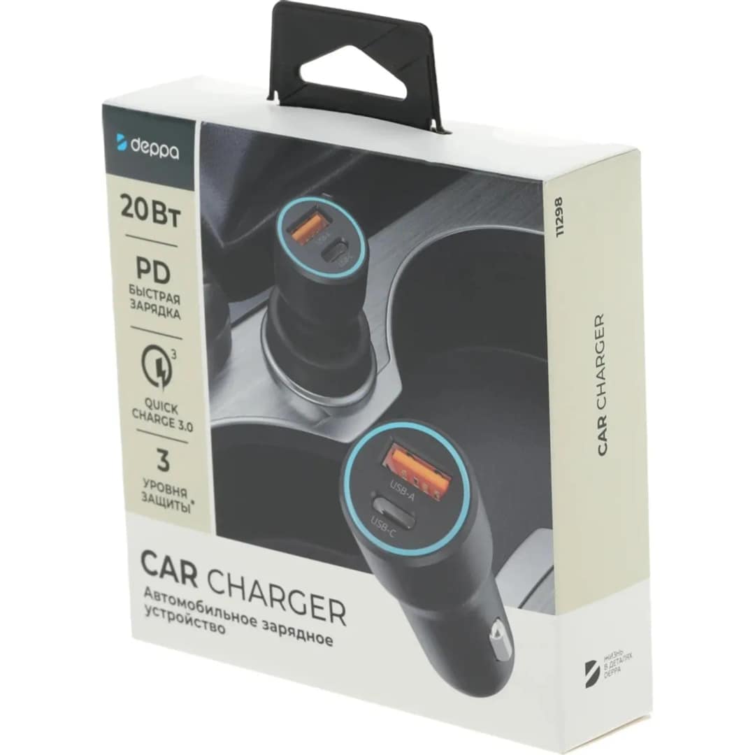 Автомобильное зарядное устройство Deppa 20W USB-C USB-A 11298 Black, Черный — фото 5