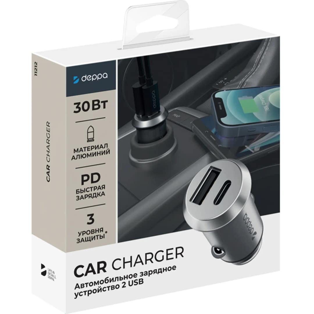 Автомобильное зарядное устройство Deppa 30W USB-A USB-C 11212 Silver, Серебристый — фото 2