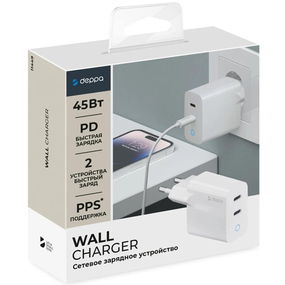 Сетевое зарядное устройство Deppa 45W 2xUSB-C 11449, White — фото 2