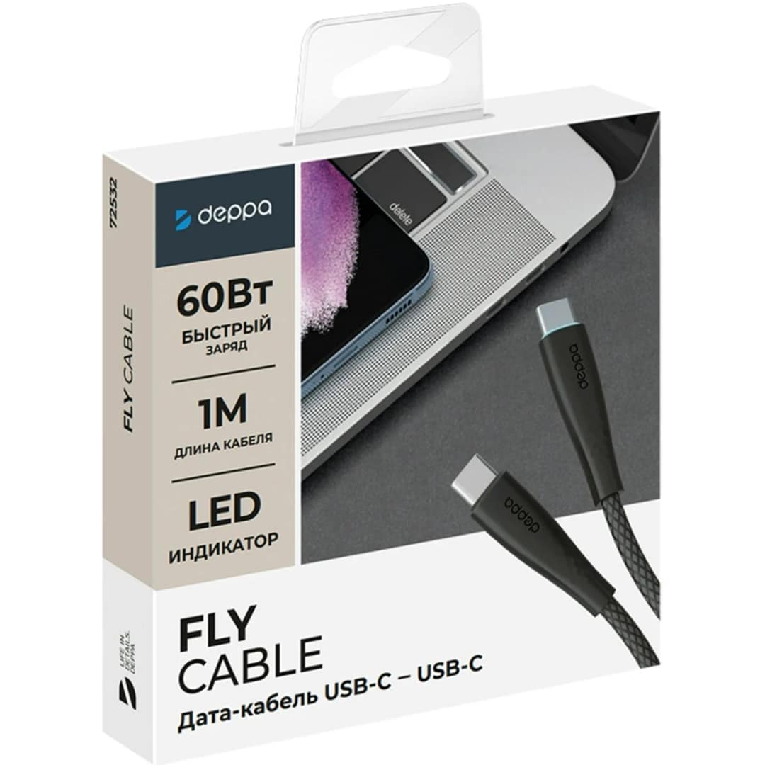 Кабель Deppa Fly USB-С USB-С 60ВW 1m 72532 Black — фото 2