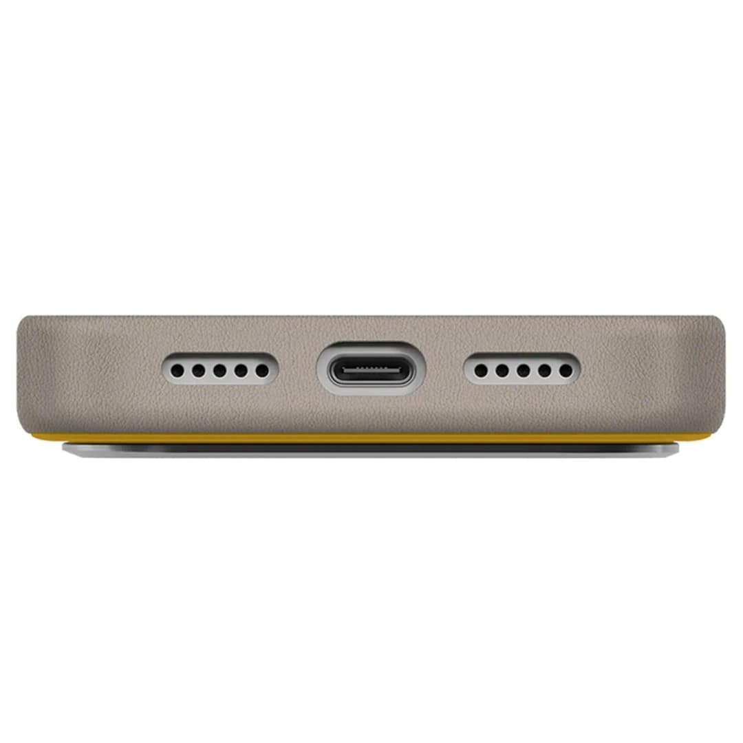 Чехол Uniq Lyden DS -Tone Premium Leatherette Case with MagClick для iPhone 17 Pro, Canary Yellow/Flint Gray — фото 2