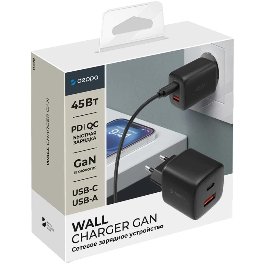Сетевое зарядное устройство Deppa 45W USB-C USB-A Black — фото 2